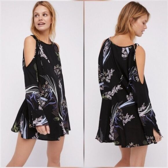 Free People Black Floral Cold Shoulder Tunic Dress Boho Feminine Contemporary - Picture 2 of 15